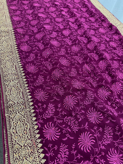 Ishq | Wine Georgette Partywear Saree | Trending Bollywood Floral Embroidery image 6