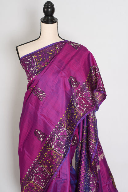 Indrani | Purple Hand Block Printed Bishnupur Katan Silk Saree | Pure Silk image 6