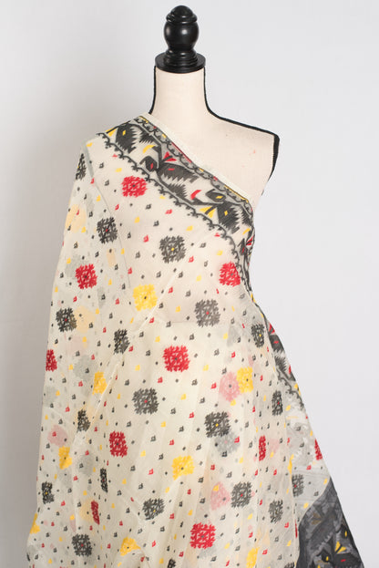 Bidisha : Off White and Black Blended Soft Cotton Jamdani Bengali Saree image 3