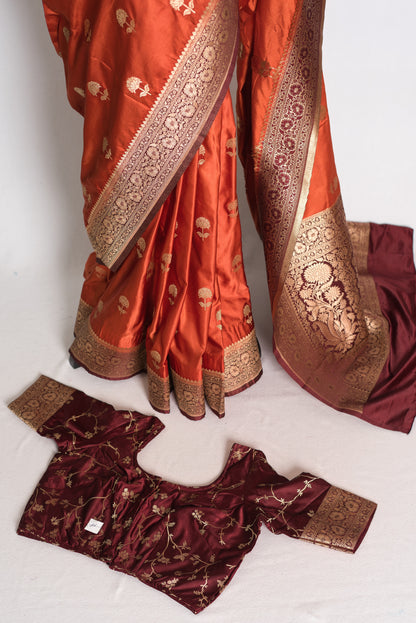 Mati: Rust Orange and Brown Semi Mashru Silk Banarasi Saree with 36 Size Blouse image 2