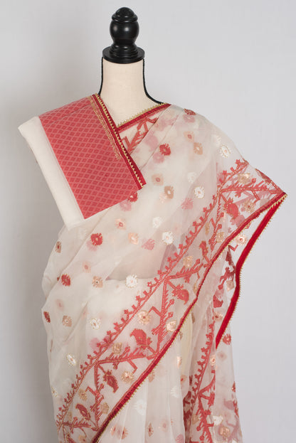 Zehra : White and Red Semi Muslin Jamdani Saree with Cut Dana Hand Embroidery image 2
