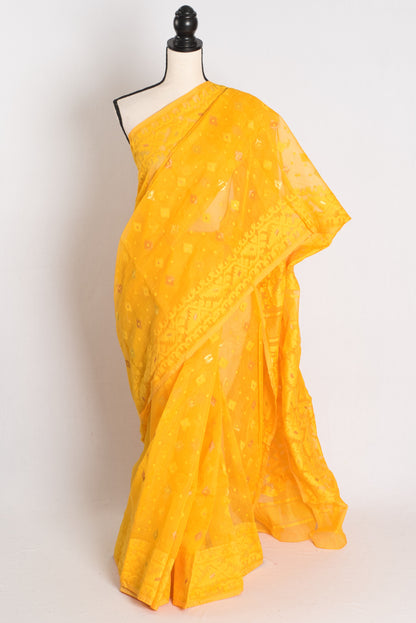 A vibrant deep yellow Bengali Jamdani saree crafted from a soft cotton blend, featuring traditional hand-loomed patterns perfect for festive occasions.