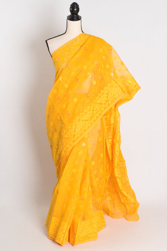 A vibrant deep yellow Bengali Jamdani saree crafted from a soft cotton blend, featuring traditional hand-loomed patterns perfect for festive occasions.
