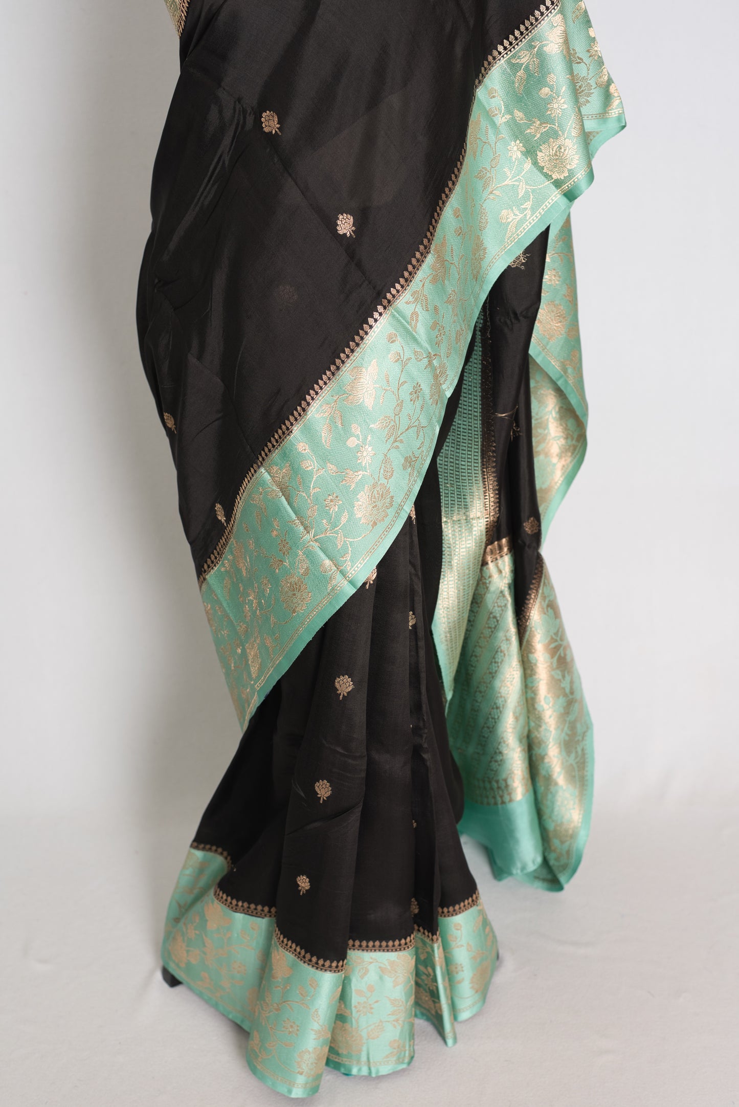 Jyothi : Jet Black & Pastel Sea Green Pure Satin Silk Banarasi Saree image 6