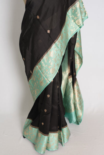 Jyothi : Jet Black & Pastel Sea Green Pure Satin Silk Banarasi Saree image 6