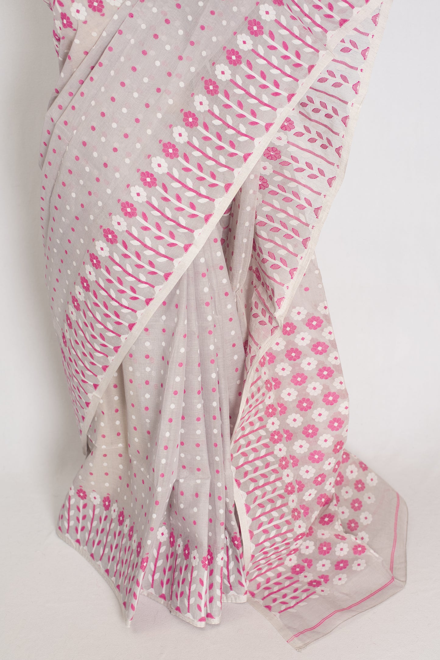 Geeta: Gray, Pink and White Pure Cotton Jamdani Saree with Blouse image 5