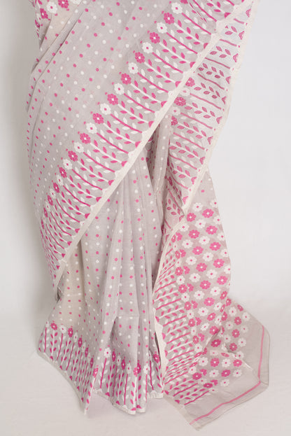 Geeta: Gray, Pink and White Pure Cotton Jamdani Saree with Blouse image 5