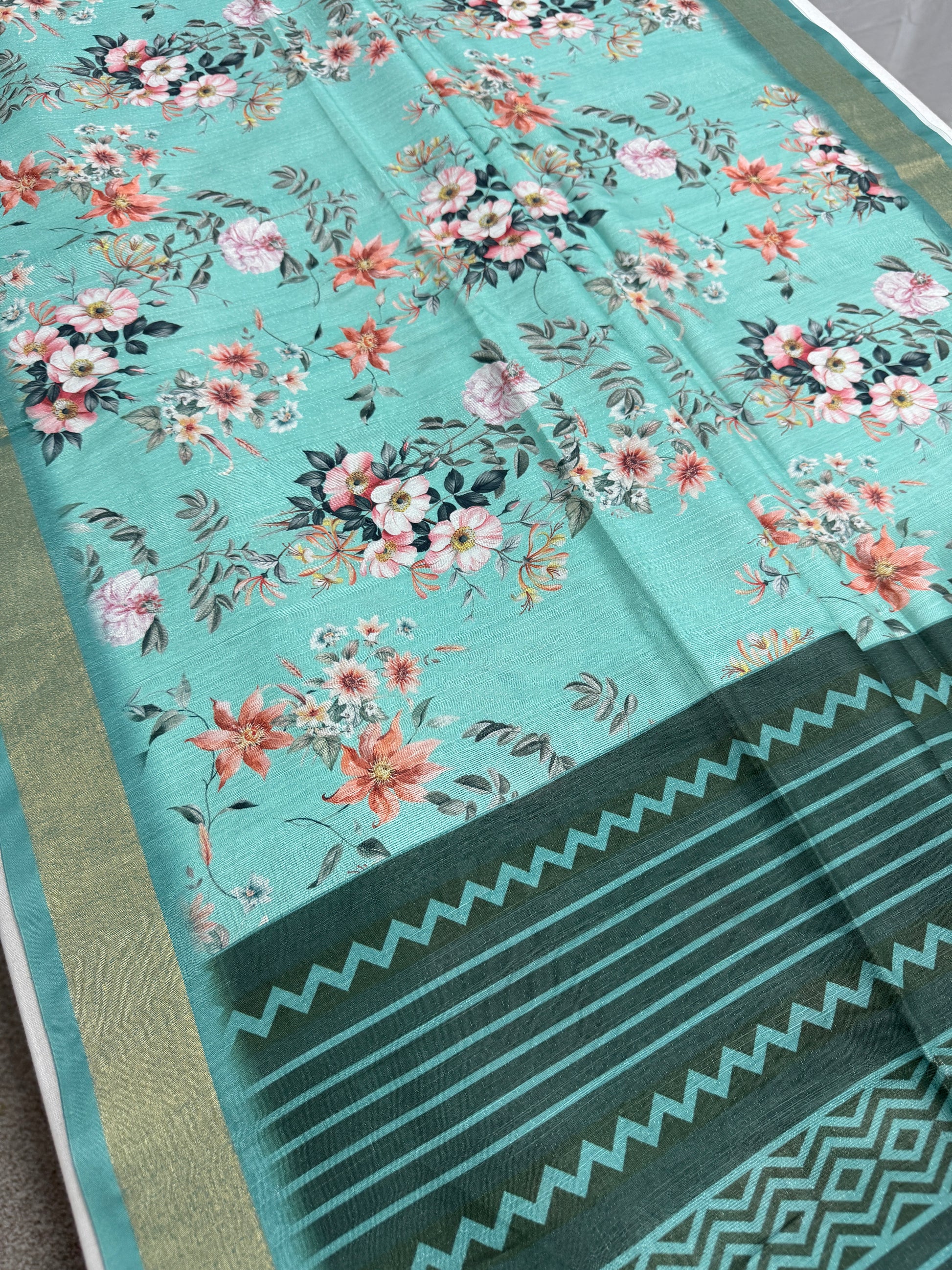 Shazia | Sea Green Floral Printed Semi Tussar Saree image 5