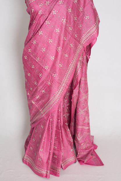 Bidisha : Vibrant Pink Hand Embroidered Kantha Stitch Pure Bangalore Silk Saree image 5