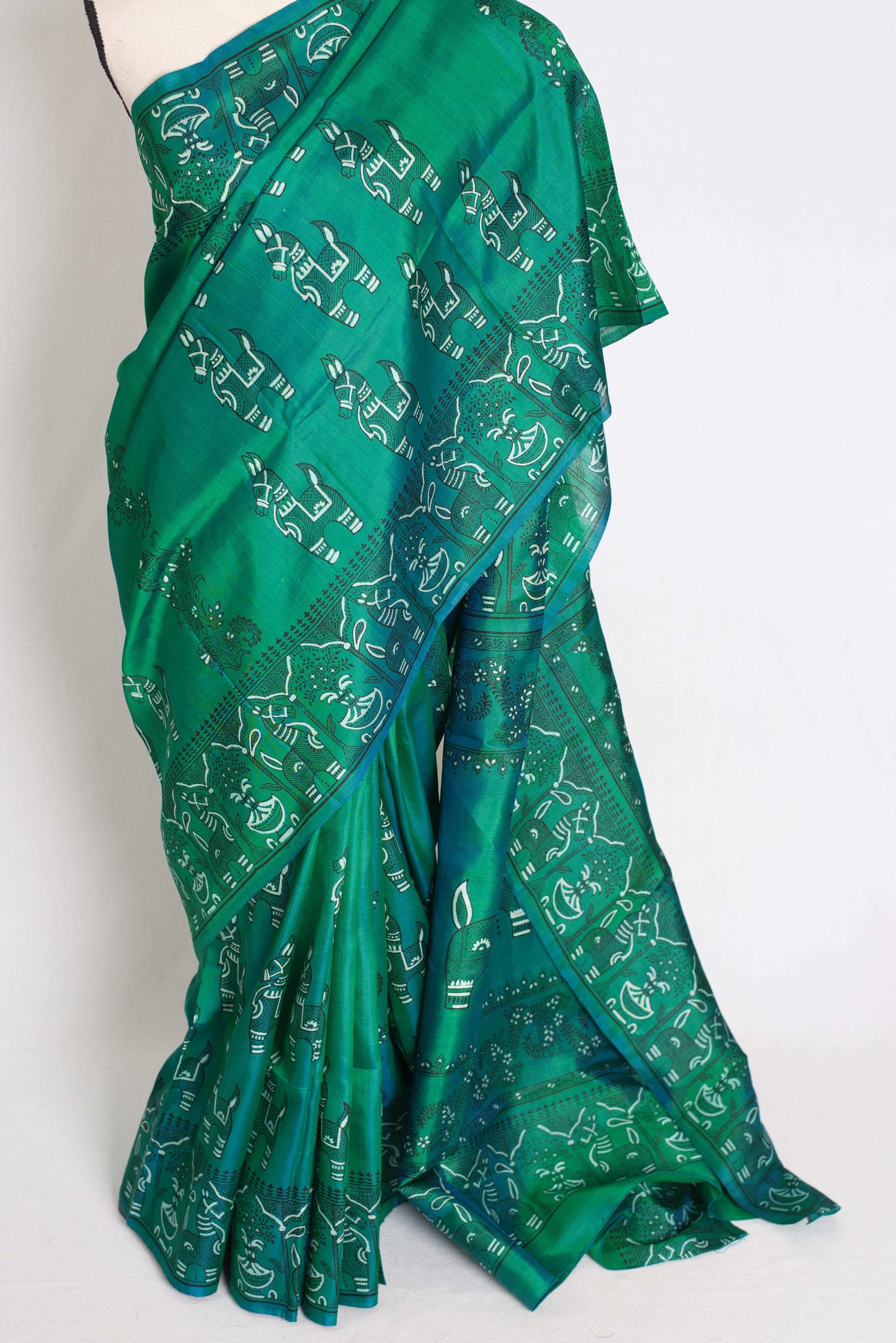 Bimala : Silk Mark Certified Green Bishnupur Katan Silk Printed Baluchari Saree image 5