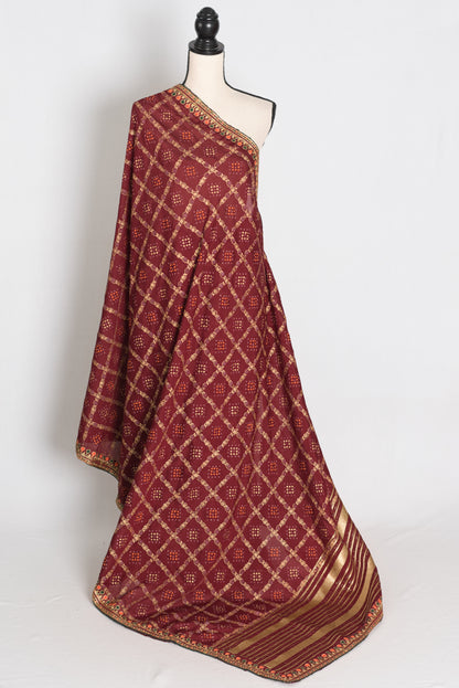 Moni: Maroon Gharchola Saree with Gold Print and Embroidered Border image 1