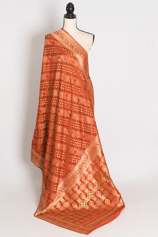 Sumi : Rust Orange & Gold Semi Mashru Bandhani Saree image 1
