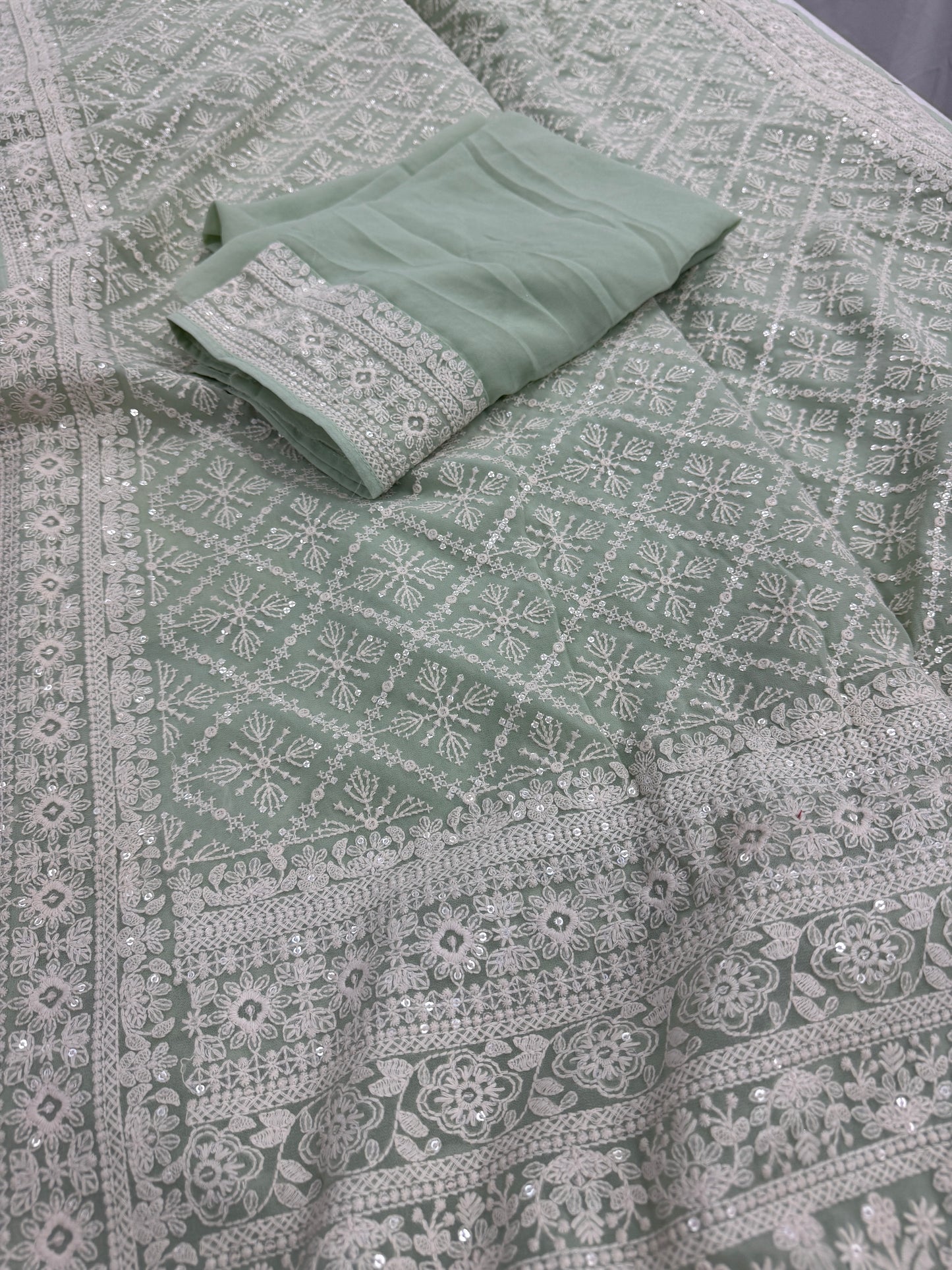 Meher - Pastel Sea Green Chikankari Embroidered Georgette Saree image 2