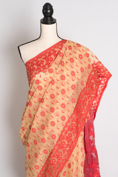 Tithi : Beige and Red Soft Cotton Blend Bengal Jamdani Saree image 2