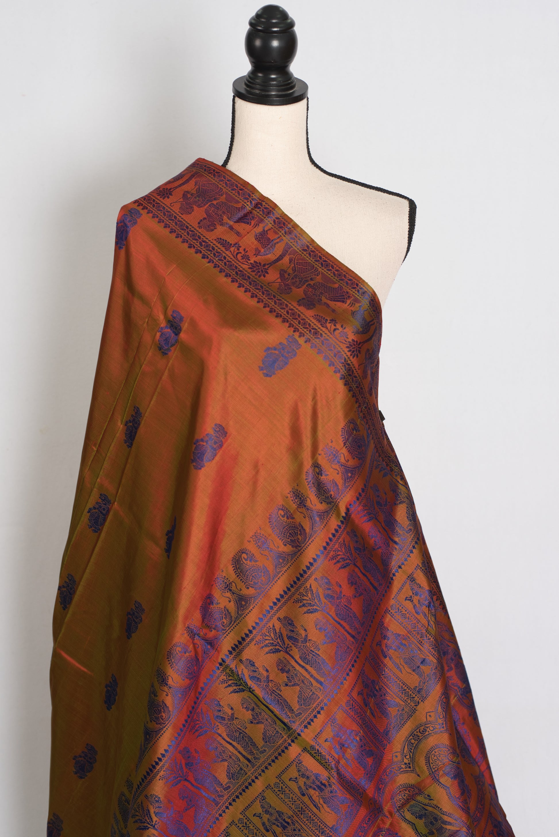 Nita | Brown and Blue Handwoven Baluchari Silk Saree with Blue Minakari Detail image 4