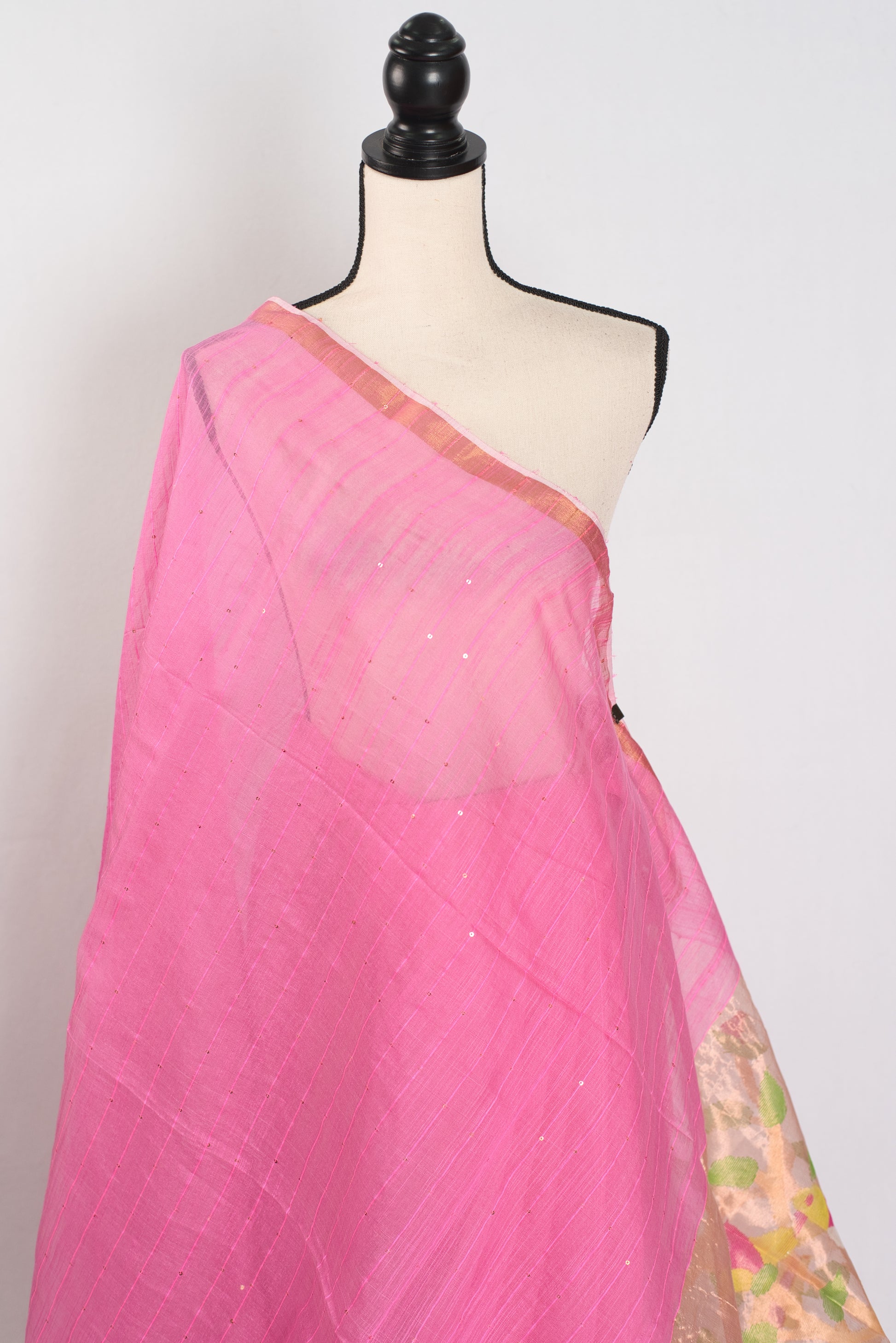 Bristi: Pink & Gold Muslin Cotton Jamdani Saree | Hand-Inspired Sequin Weaving image 2