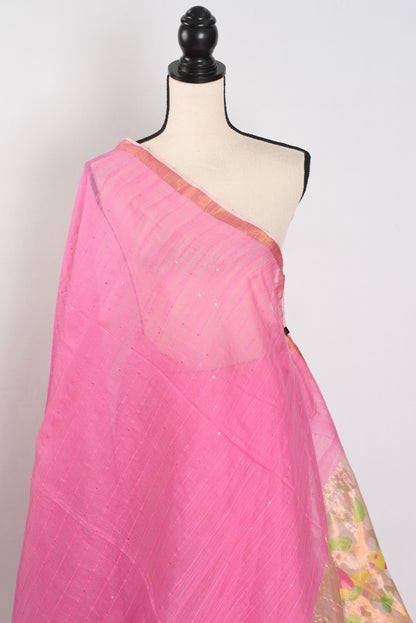 Bristi: Pink & Gold Muslin Cotton Jamdani Saree | Hand-Inspired Sequin Weaving image 2