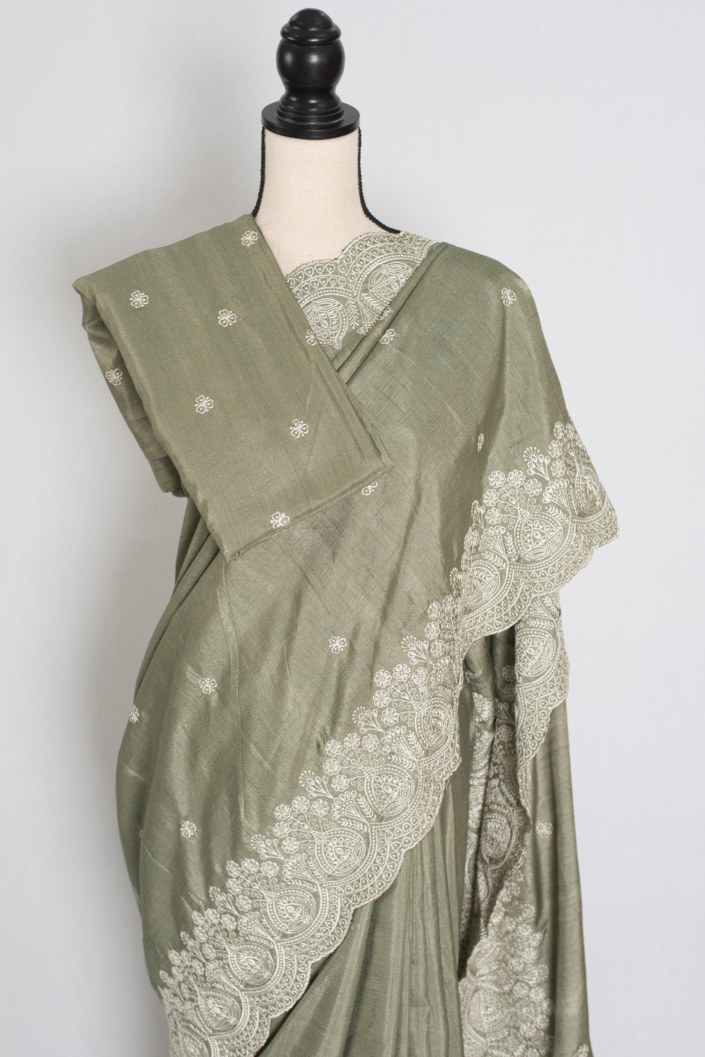 Hema | Sage Green Semi Tussar Silk Saree | Machine Embroidery & Scalloped Border image 2