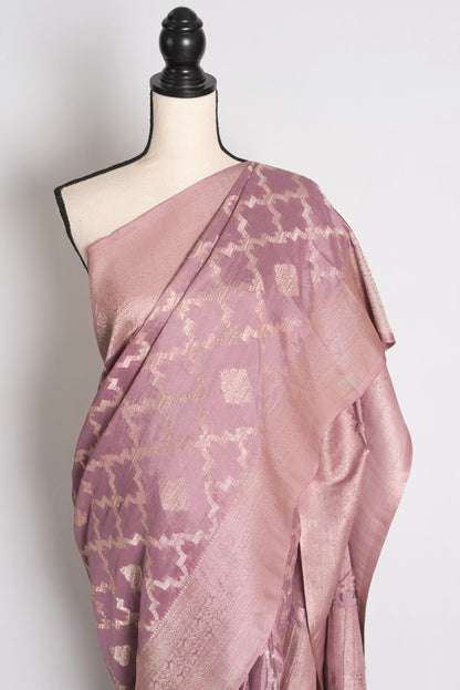Tithi: Mauve and Gold Semi Georgette Banarasi Saree with 40 Size Blouse image 6