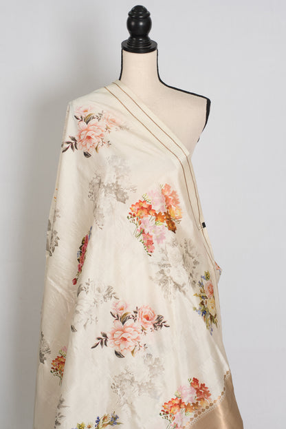 Sheuli : Ivory White Floral Printed Banarasi Katan Silk Saree image 4