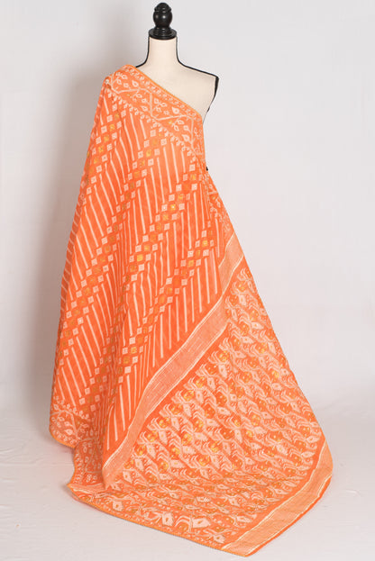 Sia : Festive Orange and White Blended Cotton Jamdani Saree with Hand Embroidery image 1