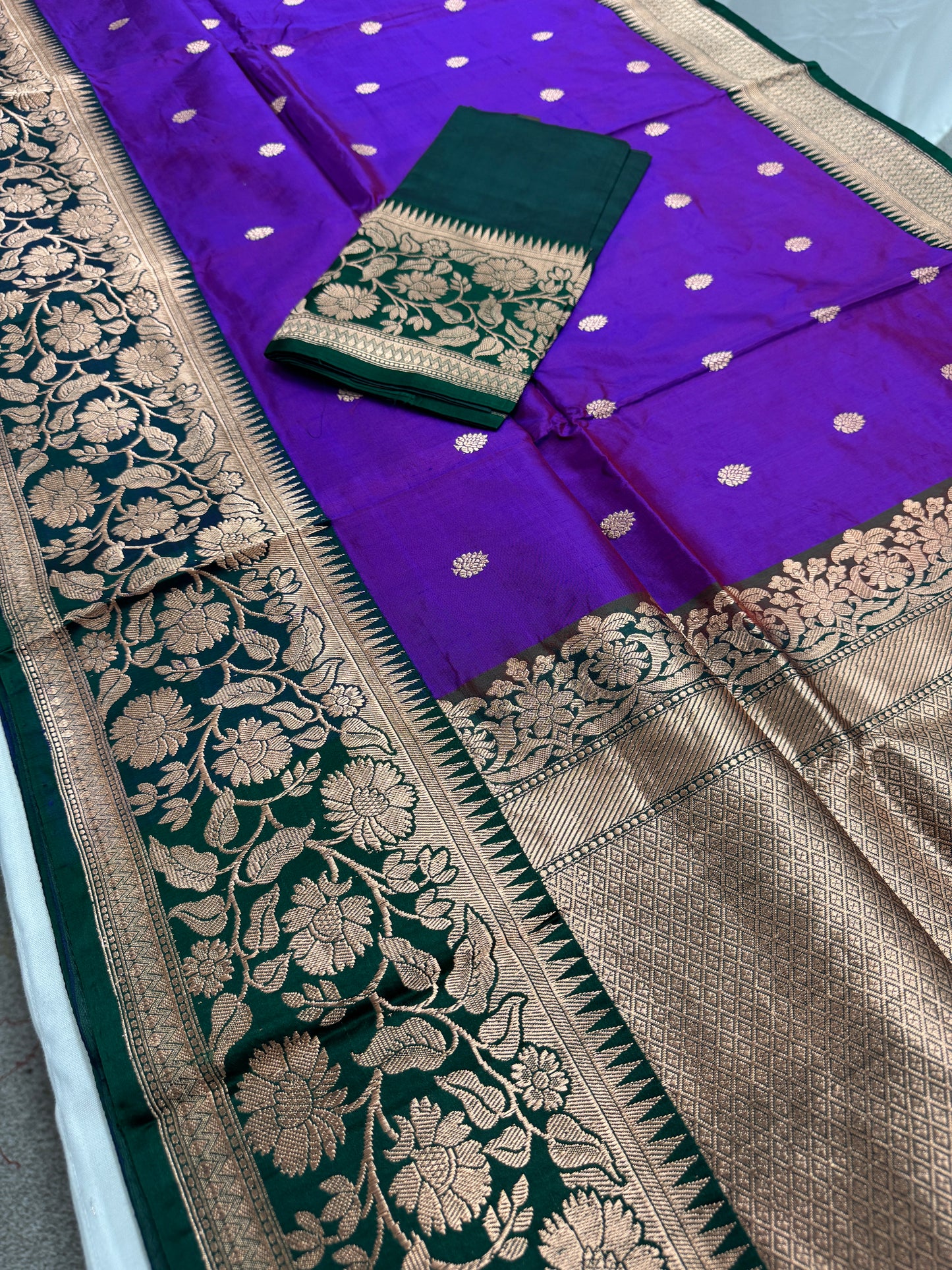 Hemlata : Silk Mark Certified Banarasi Silk Saree in Purple and Green image 0