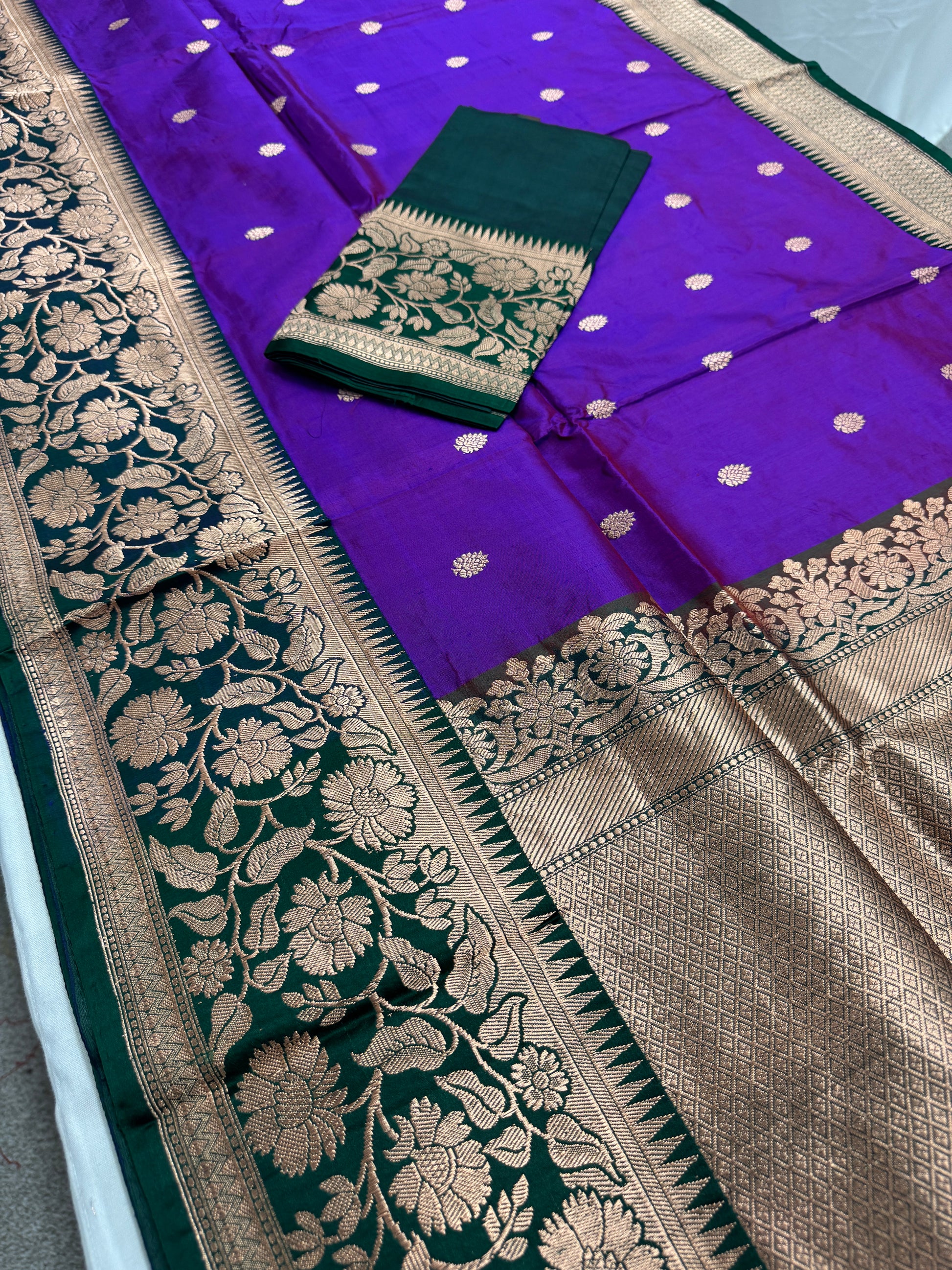 Hemlata : Silk Mark Certified Banarasi Silk Saree in Purple and Green image 0
