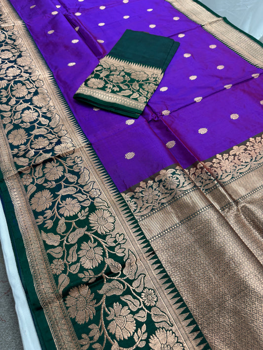 Hemlata : Silk Mark Certified Banarasi Silk Saree in Purple and Green image 0