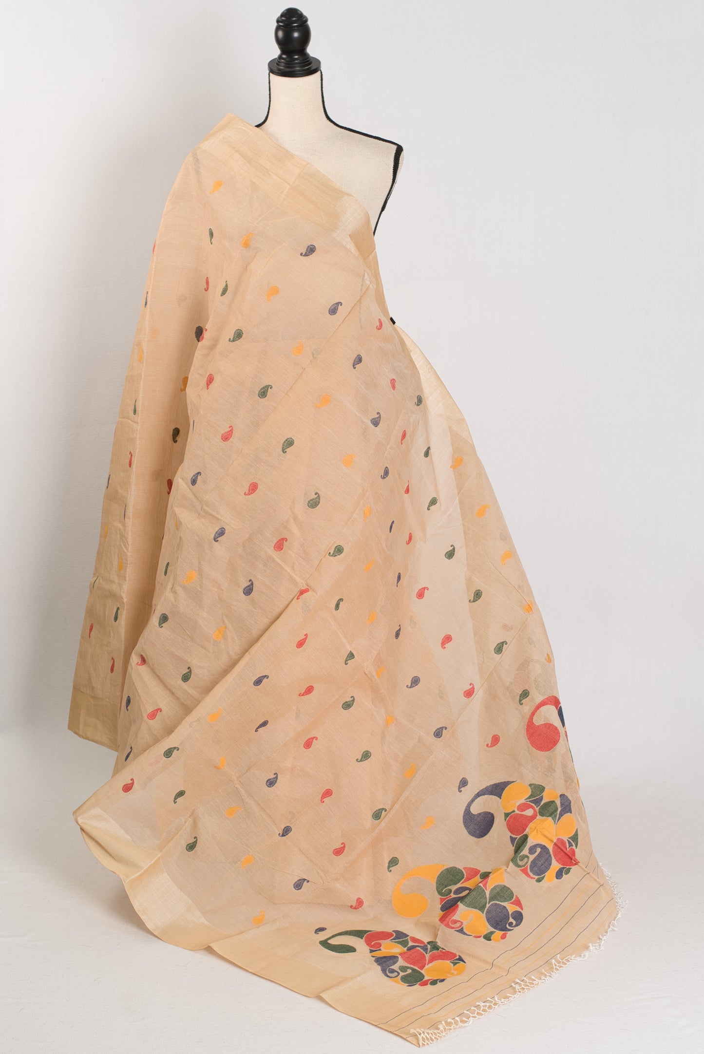 Sandhya | Handwoven Bengal Cotton Jamdani Saree with Tussar Silk Border image 1