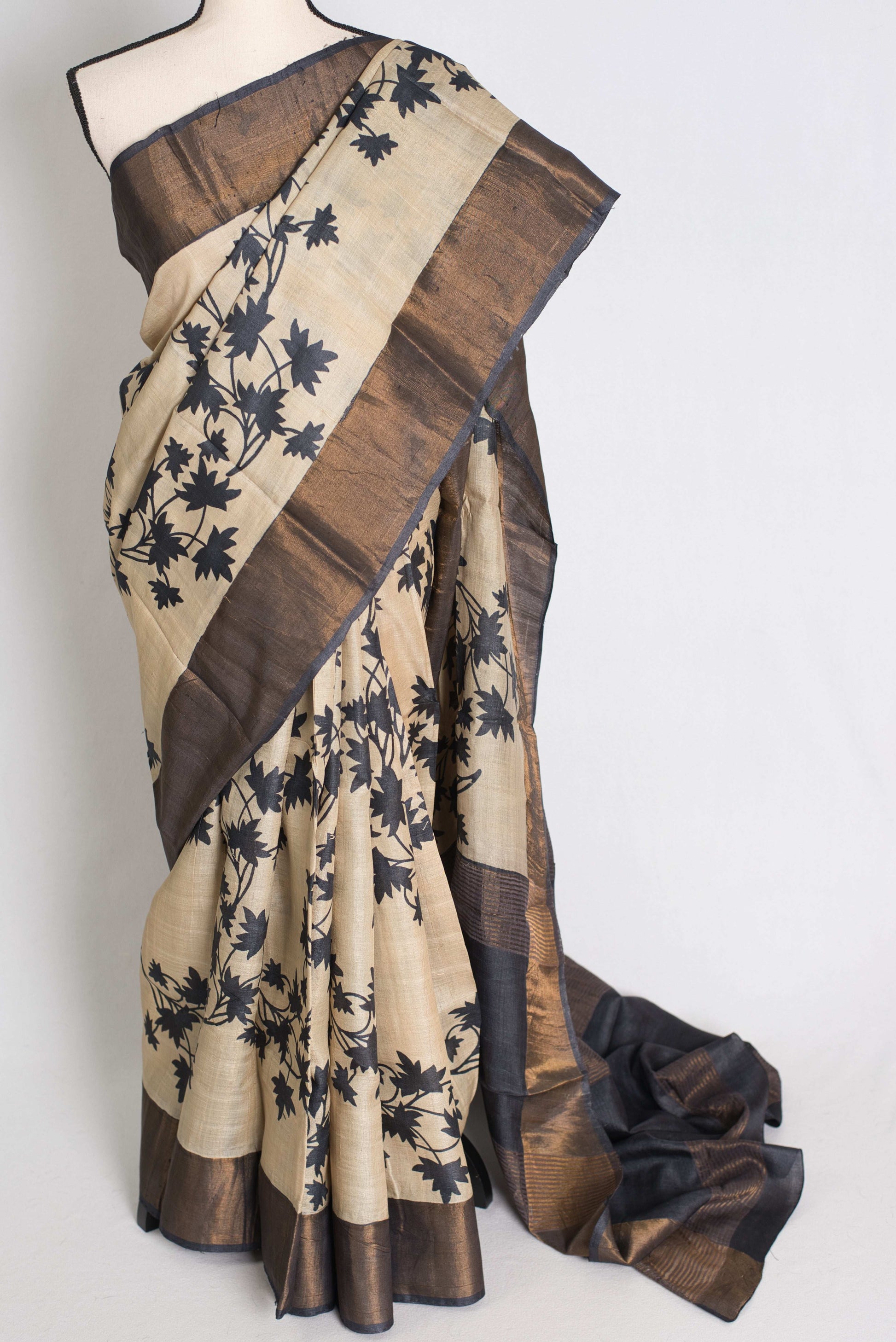 Mira : Printed Tussar Silk Saree in Cream and Black image 5