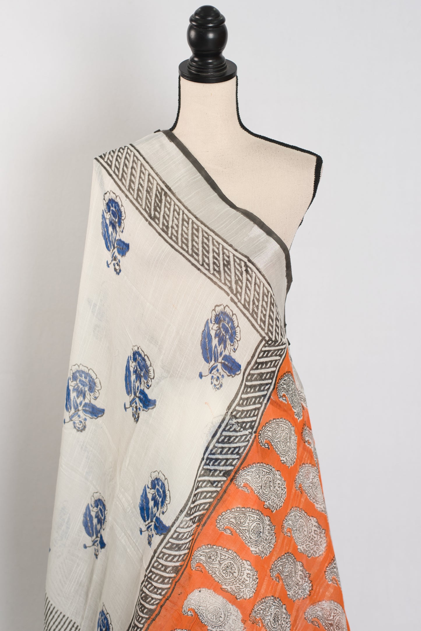 Madhuri: White & Blue Hand Block Printed Saree | Soft Linen Cotton image 4