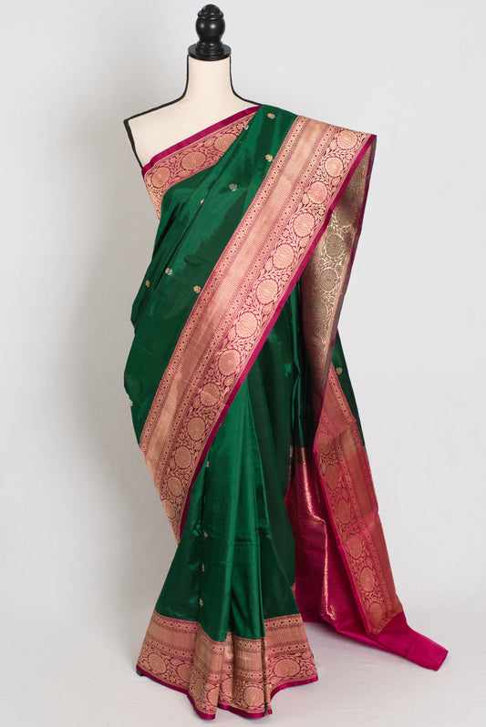 Mahi : Silk Mark Certified Katan Banarasi Saree in Green and Magenta image 0