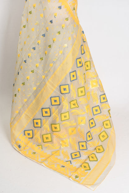 Snigdha : Brown and Yellow Blended Soft Cotton Jamdani Bengali Saree image 2