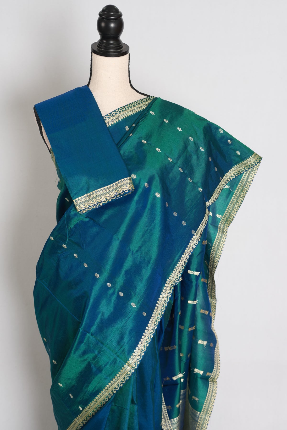 Peacock Green Banarasi saree — drape view