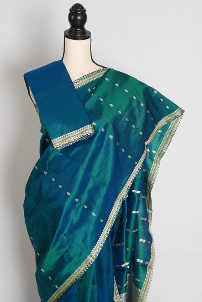 Peacock Green Banarasi saree — drape view