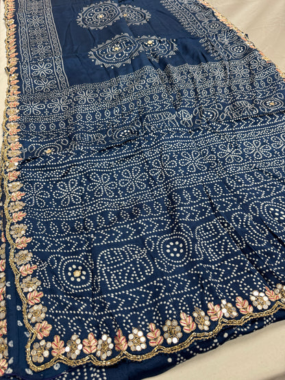 Neela : Hand Embroidery Bandhani Printed Modal SIlk Saree in Cobalt Blue image 5