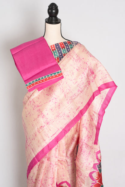Dhriti : Cream and Pink Contemporary Floral Crack Batik Pure Silk Saree image 2