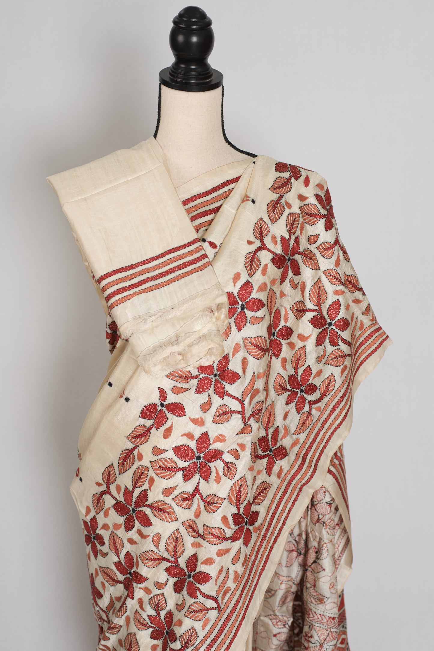 Nina : Cream and Brown Hand Embroidered Kantha Stitch Pure Bangalore Silk Saree image 3