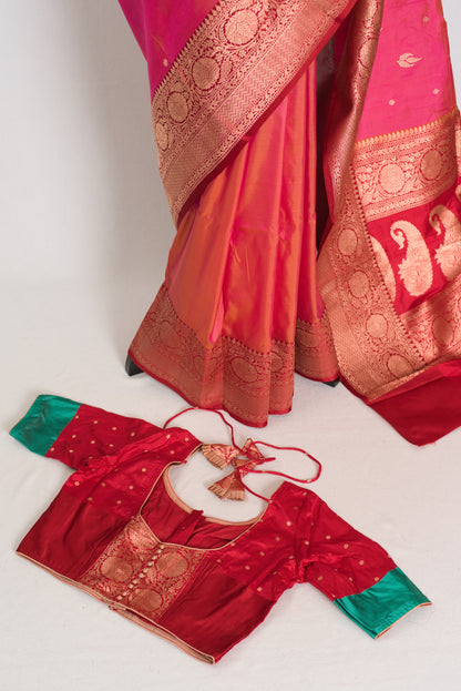 Vibha | Dual-Shade Pink Banarasi Silk Saree with 36 Size Ready-Stitched Blouse image 2