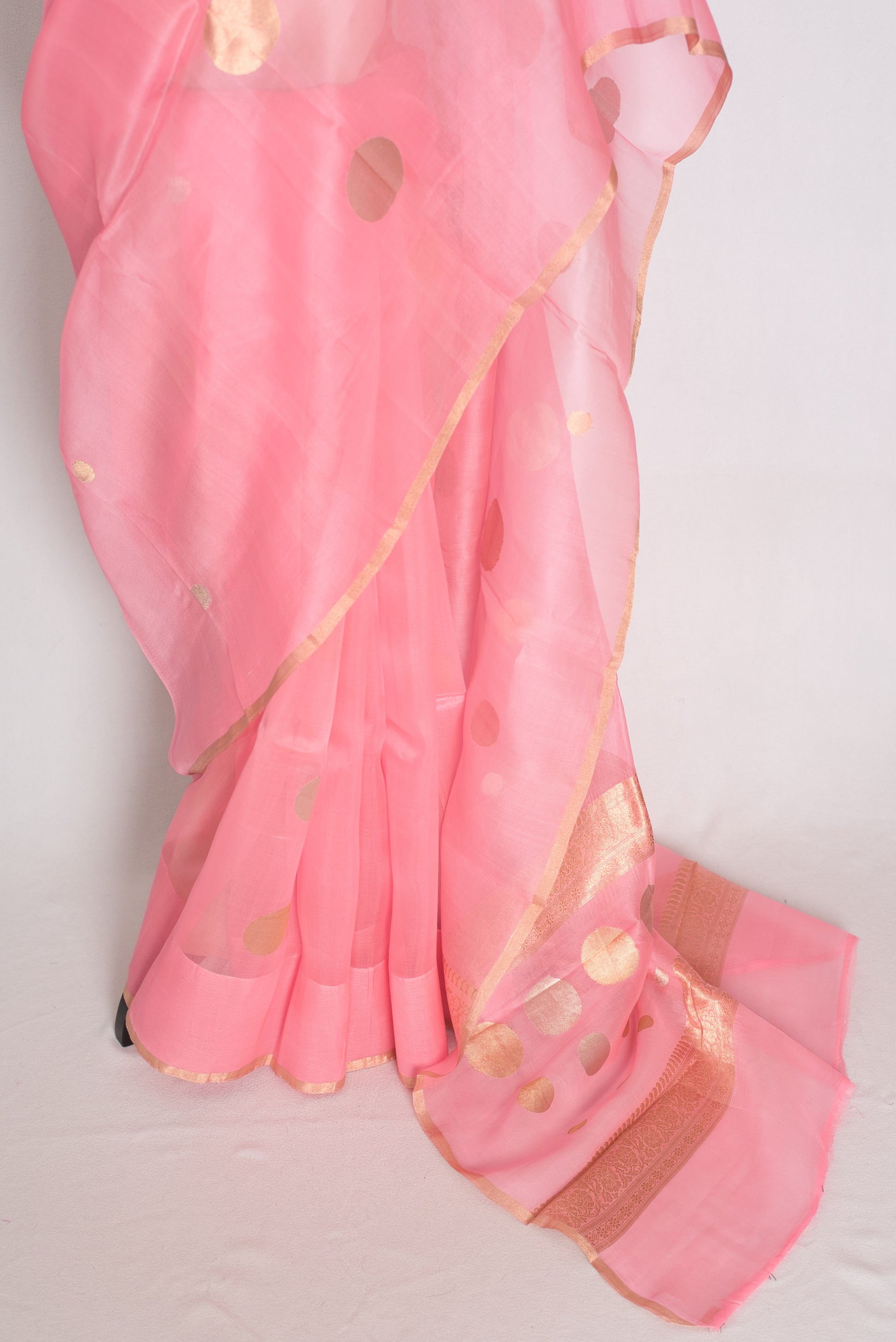 Priya : Pink and Gold Kora Silk Banarasi Saree with Polka Dots image 6