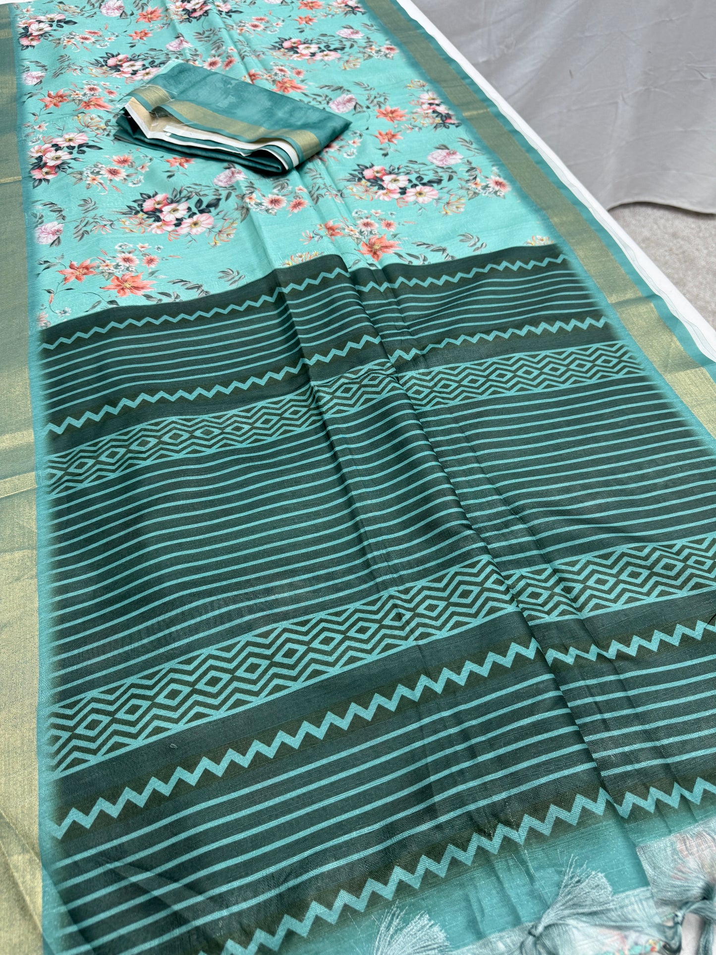 Shazia | Sea Green Floral Printed Semi Tussar Saree image 3