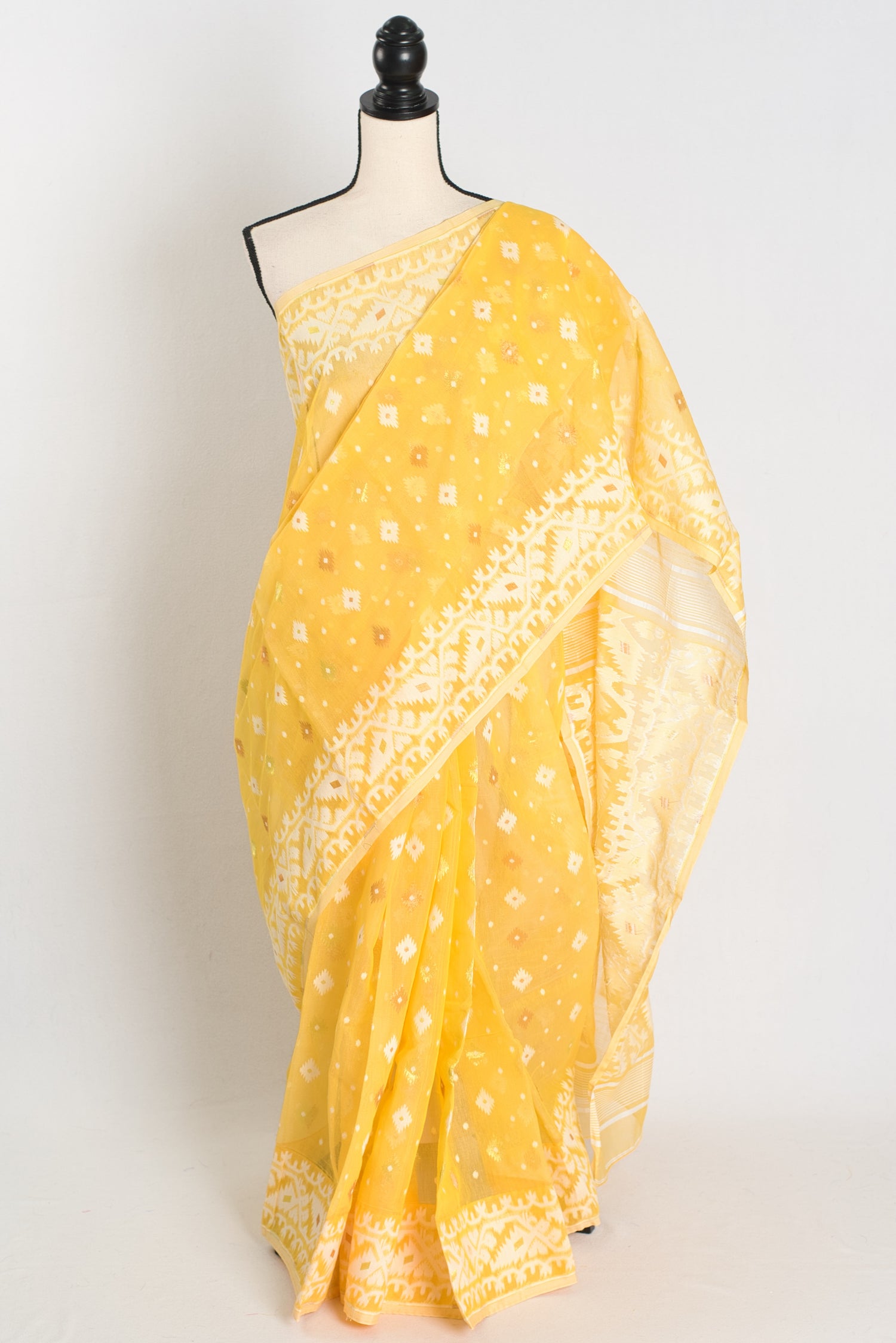 Giri : Soft Yellow and White Blended Soft Cotton Jamdani Bengali Saree image 0