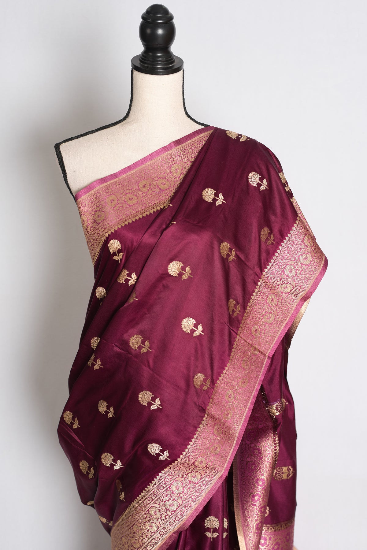 Ritaja : Deep Wine and Pink Semi Mashru Banarasi Silk Saree with 42 Size Blouse image 4