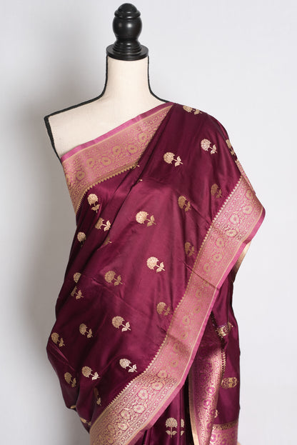 Ritaja : Deep Wine and Pink Semi Mashru Banarasi Silk Saree with 42 Size Blouse image 4