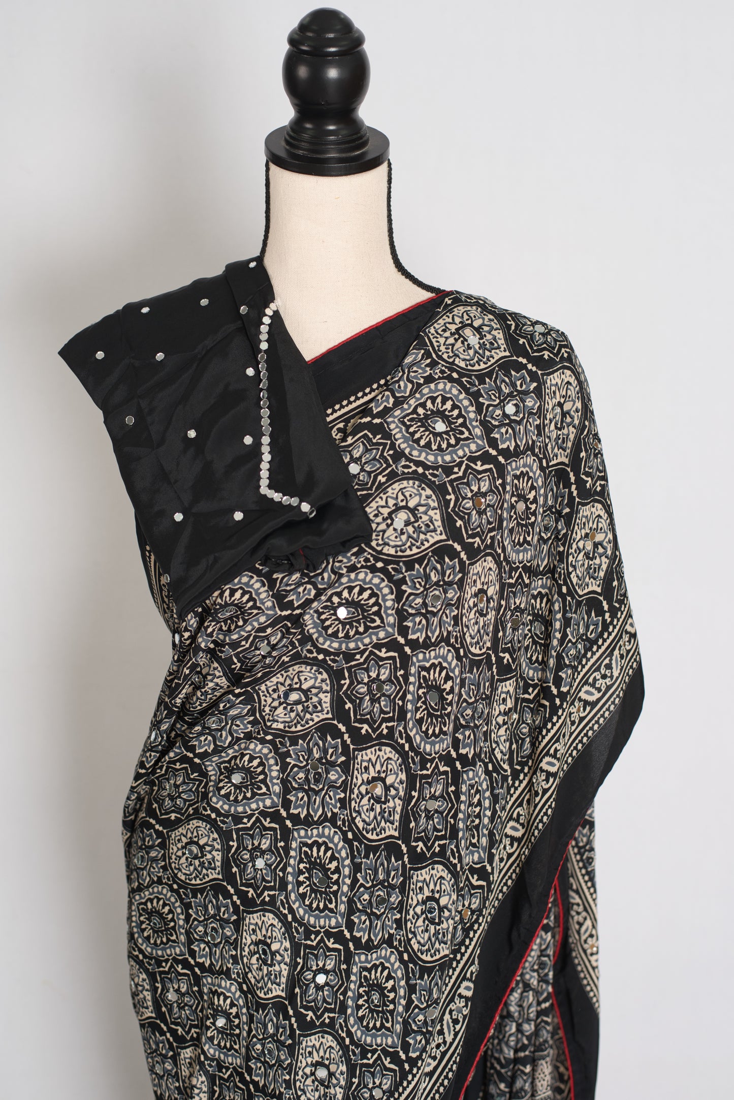 Ishq : Trending Black and Gray Semi Modal Silk Ajrakh Saree image 3