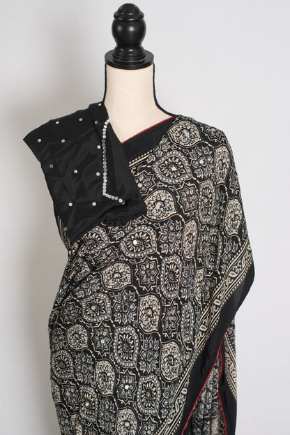 Ishq : Trending Black and Gray Semi Modal Silk Ajrakh Saree image 3