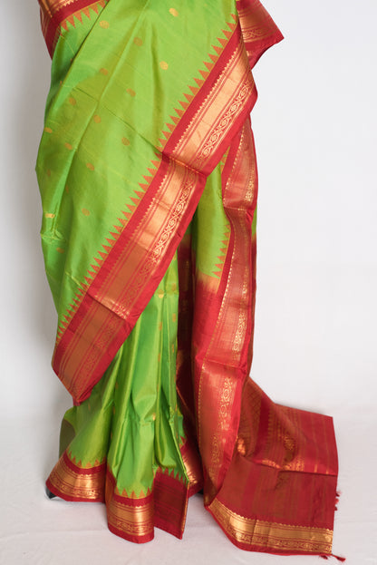 Nabanita : Parrot Green and Red Handwoven Pure Gadwal Silk Saree image 6
