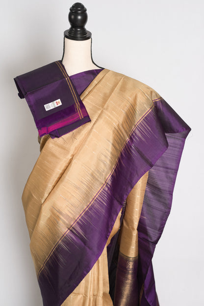 Nita : Beige and Deep Purple Lightweight Pure Kanjivaram Silk Saree image 2