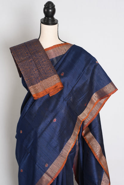 Uma : Midnight Blue Minakari Handwoven Pure Raw Silk Tussar Banarasi Saree image 2
