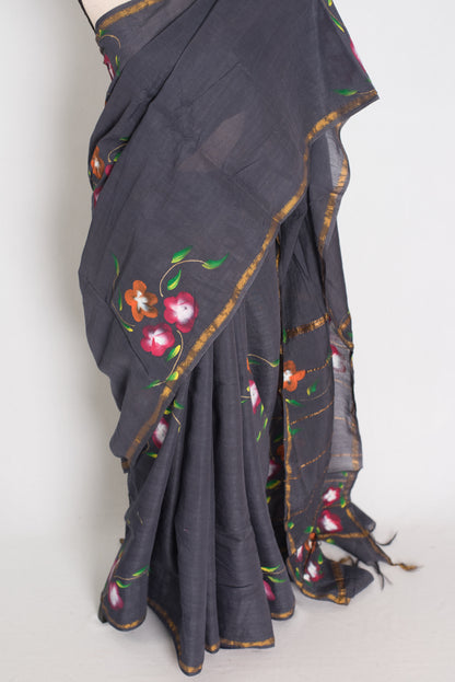Grey Chanderi saree — border detail